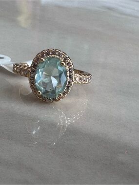 Gold Plated Ring with Light Mint Fluorite Colored Oval Gemstone w/ Halo Accent